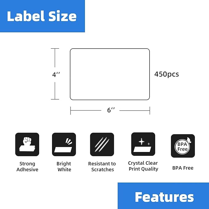 4 Rolls 4" x 6" Direct Thermal Shipping Label Compatible for Zebra 2844 ZP-450 ZP-500 ZP-505 Printers, Permanent Adhesive, Perforated Postage Label Paper - 450 Labels/Roll, 1" Core
