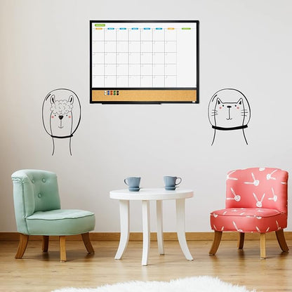 JILoffice Magnetic Calendar Whiteboard & Bulletin Corkboard Combination, Combo Board 24 x 18 Inch, Black Aluminum Frame Wall Mounted Board for Office Home and School with 10 Push Pins