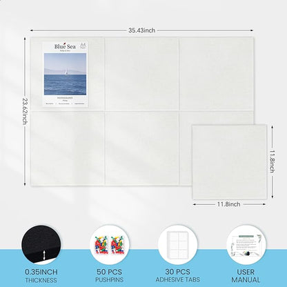 Large Cork Bulletin Board for Wall 36"x24", 6 Pack Felt Wall Tiles with 50 Pushpins, 30 Safe Removable Adhesive Tabs, Decorative Pin Board Tack Board for Office Home School, White