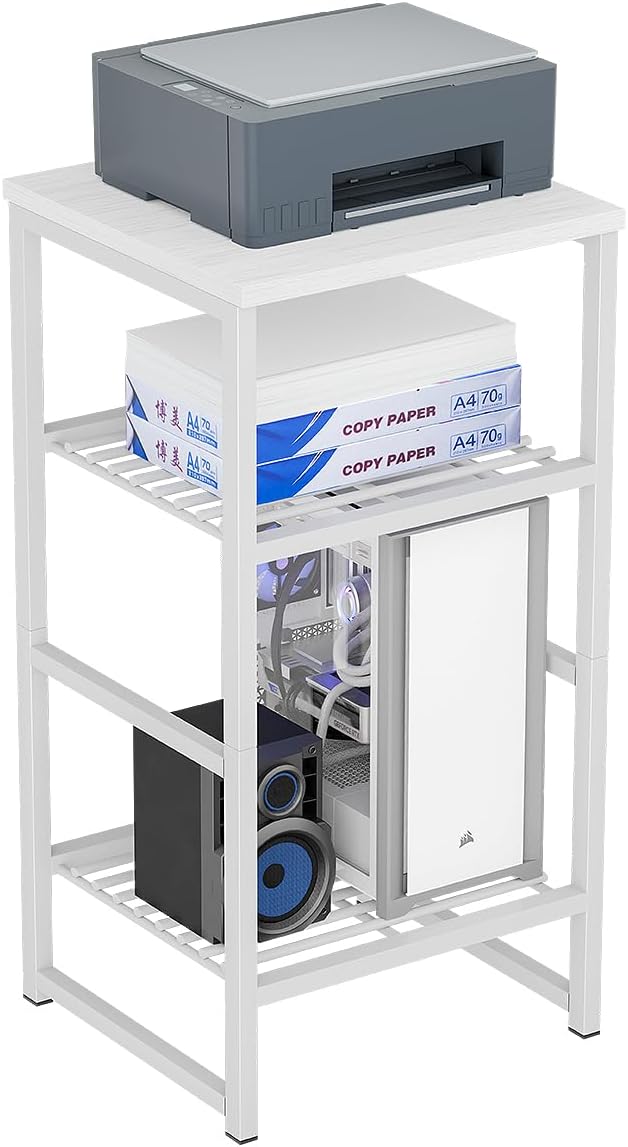 3-Tier Heavy-Duty Printer Stand – Multi-Functional Office Organizer with Wood Top, Perfect for Desk Underneath Storage,White with White Board