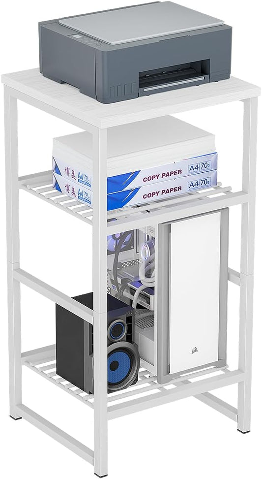 3-Tier Heavy-Duty Printer Stand – Multi-Functional Office Organizer with Wood Top, Perfect for Desk Underneath Storage,White with White Board