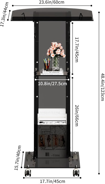 Acrylic Podium Stand，49“ Tall Portable Podium with Lockable Wheels, Black lecterns & Podium with Storage Shelf for Classroom, Pulpit Podium for Church,Wedding,Presentation