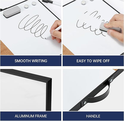 Small Cork Board Whiteboard Combo - 12" X 16" Portable Aluminum Black Framed Magnetic Dry Erase Board for Wall, Mini Bulletin CorkBoard with a Handle for Office, Home and School