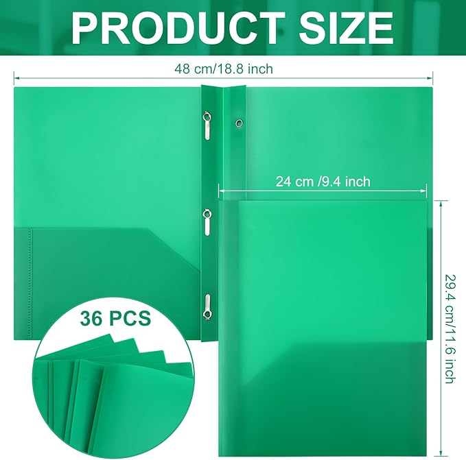 Cholemy 36 Pcs Plastic Pocket Folders with Prong 2 Heavy Duty Pockets Folders with 3 Prongs Letter Size Paper Folders Bulk File Plastic Folders with Fasteners for Office Workers (Green)