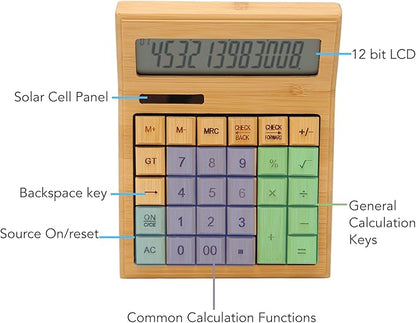Zopsc Bamboo Calculator, Wooden Solar Calculators with 12 Bit Digital LCD Screen, Basic Standard Function Desk Calculators with 29 Big Buttons for Office Home School Store