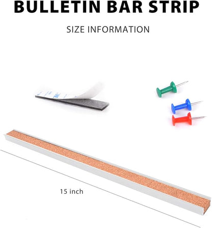 Corksidol Bulletin Bar Strip, Cork Board, 15" x 1", Classroom, Office, Cubicle, Aluminum Frame (Silver)