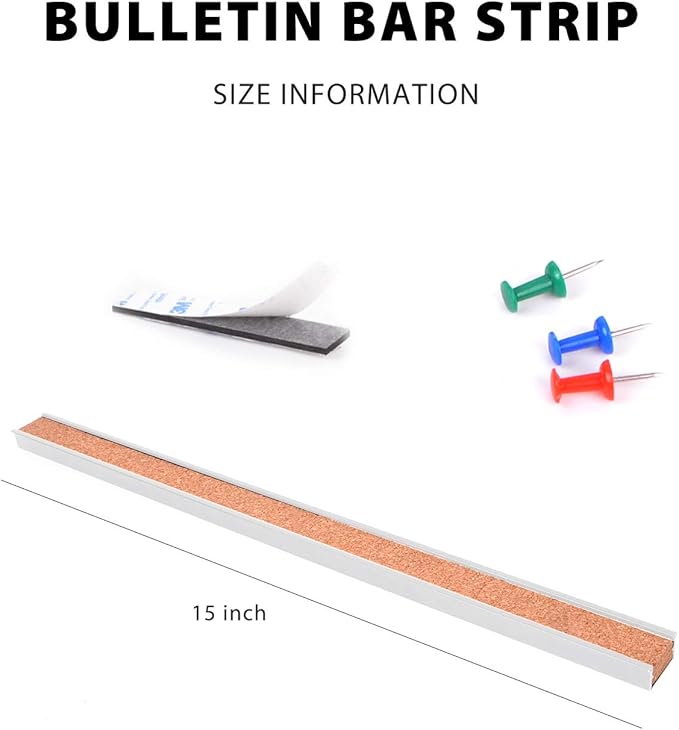 Corksidol Bulletin Bar Strip, Cork Board Bar, 15" x 1", for Classroom, Office, Cubicle, Aluminum Frame (Silver),2 Pack