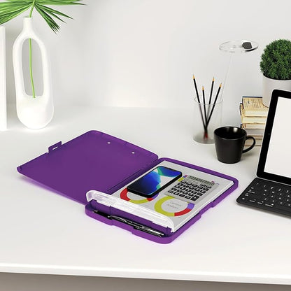 Piasoenc Clipboard with Storage, 8.5 x 11 Organization Box with Pen Holder and A4 Legal Paper Folder, Heavy Duty Plastic, Folio & Side-Opening, Low Profile Clip, for Teachers, Lawers, Deep Purple