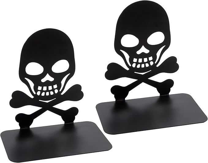 Metal Skull Design Black Bookend - Heavy-Duty Bookends for Shelves, Skull Book Ends for Heavy Books, Book Shelf Holder Home Office Decorative Desktop Organizer (1 Pair A)