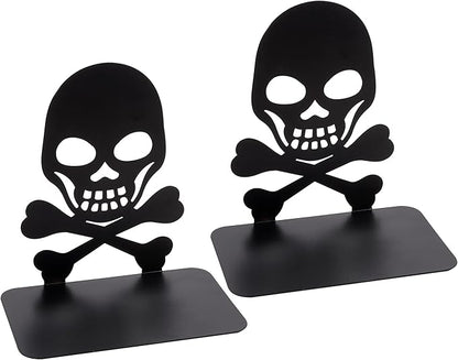Metal Skull Design Black Bookend - Heavy-Duty Bookends for Shelves, Skull Book Ends for Heavy Books, Book Shelf Holder Home Office Decorative Desktop Organizer (1 Pair A)