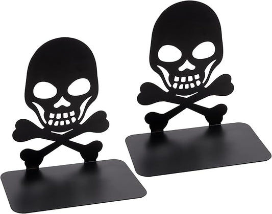 Metal Skull Design Black Bookend - Heavy-Duty Bookends for Shelves, Skull Book Ends for Heavy Books, Book Shelf Holder Home Office Decorative Desktop Organizer (1 Pair A)