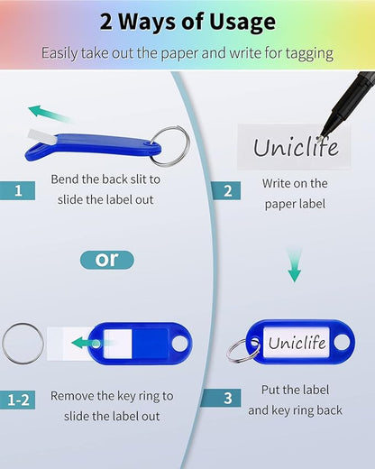 Uniclife 2 Inch Tough Plastic Key Tags in 10 Assorted Colors Item Identifiers Markers with Blank Paper Labels Protective Plastic Films and Split Rings, 100 Pack
