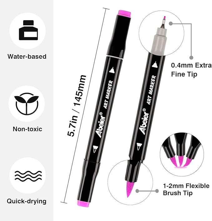 ABEIER Dual Brush Tip Marker Pens, 120 Vibrant Colors, Water-Based, Non-Toxic Art Supplies for Kids Adults, Perfect for journaling, Drawing, Sketching, and Illustration in Coloring Books