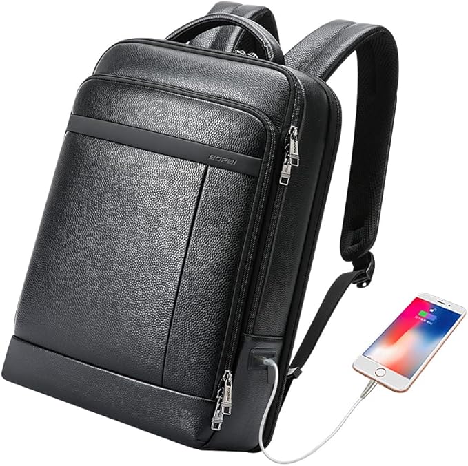 BOPai Genuine Leather Backpack for Men Multifunctional 15.6 inch Laptop Executive Business Travel Friendly Intelligent High Tech Rucksack USB Professional Anti Theft Large Capacity Classic Black