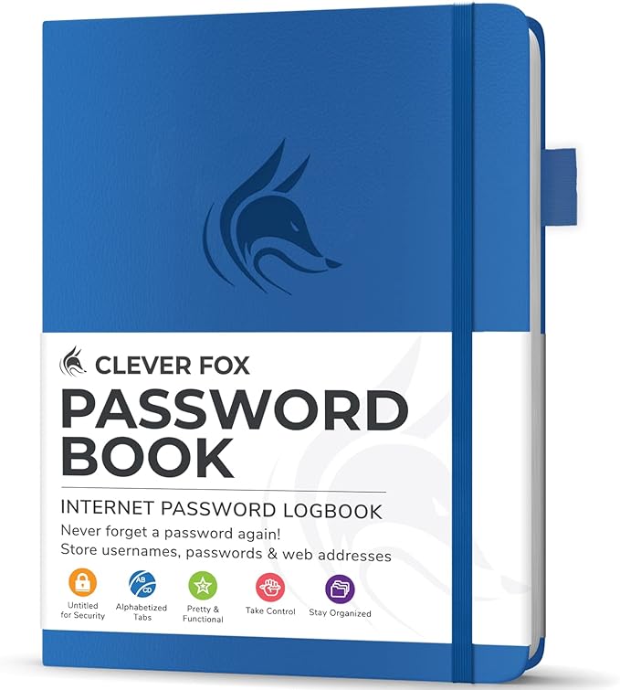 Clever Fox Password Book with Alphabetical tabs. Internet Address Organizer Logbook. Small Pocket Password Keeper for Website Logins (Royal Blue)