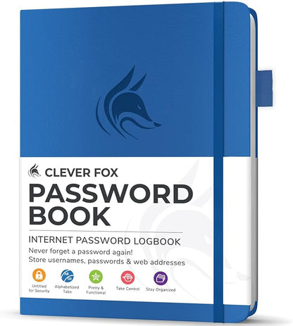 Clever Fox Password Book with Alphabetical tabs. Internet Address Organizer Logbook. Small Pocket Password Keeper for Website Logins (Royal Blue)