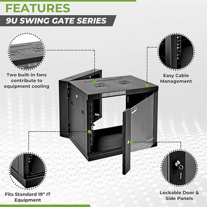 NavePoint 9U Server Cabinet with Hinged Back - 25.5” Deep, 9U Server Rack Enclosure with Locking Glass Door, Wall Mount Rack with Removable Side Panels, 9U Network Cabinet with 2 Fans, Pre-Assembled