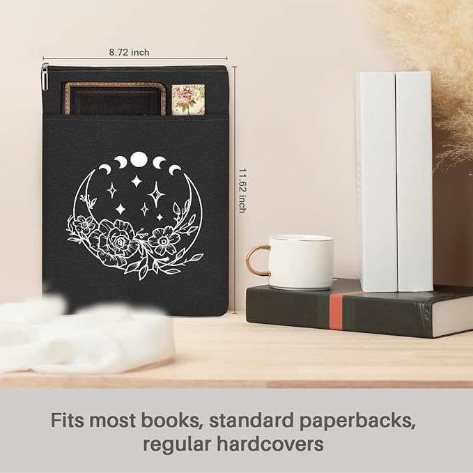 Book Themed Gifts Waterproof Book Sleeve Book Pouch Moon Halloween Reading Gifts Witchy Gifts for Women Friend Book Covers for Paperbacks Book Accessories Book Protector with Zipper and Front Pocket