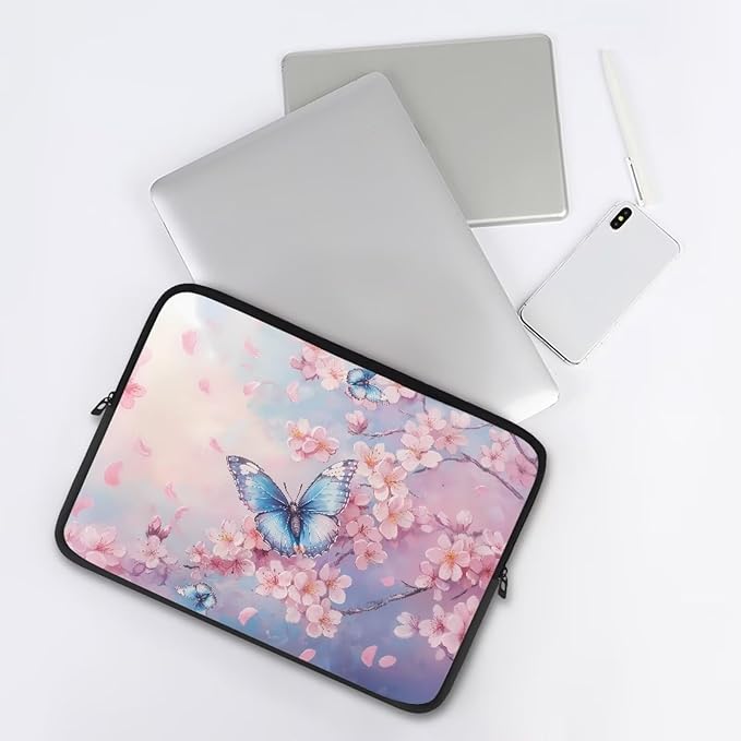 Butterfly Print Laptop Bag for Girls, 10 Inch Peach Blossom Laptop Sleeve Soft Laptop Case Bag for Girls, Waterproof Laptop Briefcase Computer Bag with Zipper