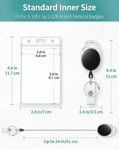Uniclife 10 Pack Badge Holder Vertical Clear Plastic Case with Retractable Badge Reel Carabiner Clip Soft Waterproof Card Protector for IDs Credit Cards Proximity Cards Driver’s Licenses and Passes