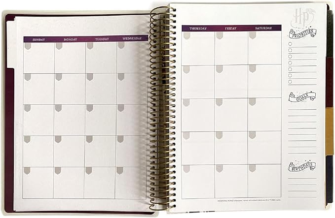 Paper House Productions Harry Potter 12 Month Undated 9.5" Planner with Month and Event Flag Stickers - Floral Hogwarts Crest