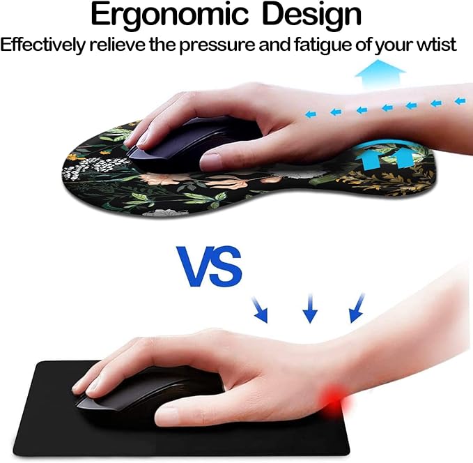 Dooke Ergonomic Mouse Pad with Wrist Support, Cute Mouse Pads with Non-Slip PU Base for Home Office Working Studying Easy Typing & Pain Relief Black Floral