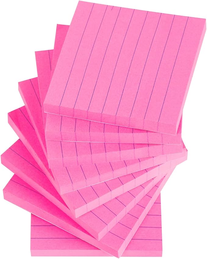 Vanpad Lined Sticky Notes 3x3 Inches, Rose Red Ruled Self-Stick Pads, Easy to Post for Home, Office, Notebook, 8 Pads/Pack