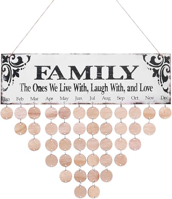 WINOMO Family Birthday Board Plaque DIY Hanging Wooden Birthday Reminder Calendar for Mom Dad Grandma Grandpa with 50pcs Round Discs