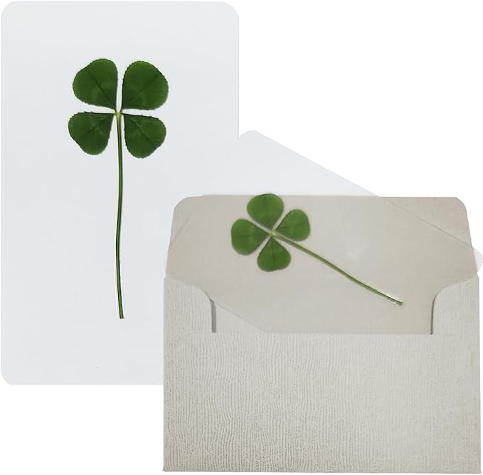 Genuine Real Four Leaf Clover Card Bookmark, Five Leaf Clover Card, Good Luck Gift Card, Invitation Card in Envelope, Good Luck Charm Deco (Four-Leaf Clover)