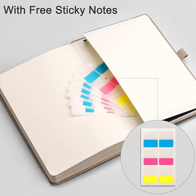 EMSHOI Lined Journaling Notebooks - 120gsm Thick Leather Journal with Sticky Notes, 256 Numbered Pages A5 Hardcover College Ruled Notebook for Women Men Work School Writing, 5.75" x 8.38"-Khaki