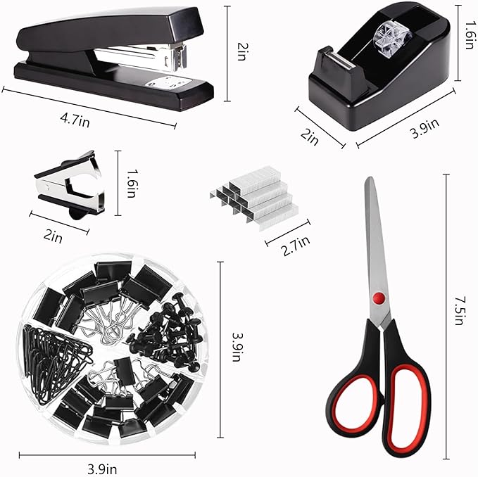 Office Supplies,Desk Accessories,with Stapler,Tape Dispenser,Staple Remover,Scissor,Ballpoint Pen,Sticky Notes,Clear Tape,Staples,Desk Organizer,Phone Stand,Binder,Index Tabs,Best gift set(Black)