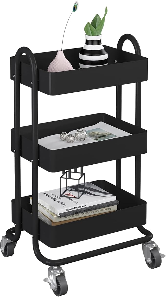 3-Tier Rolling Metal Storage Organizer,Mobile Utility Cart,Kitchen Storage Carts with Caster Wheels,Rolling Utility Cart Suitable for Office,Home,Kitchen,Garden（13.4"x18.1"x31"） Black