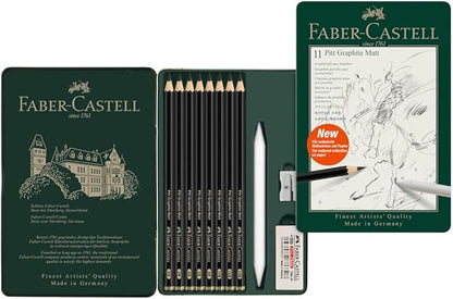 Faber-Castell Pitt Graphite Matte Pencil Set, Metal Tin of 8 Graphite Pencils and Sketching Accessories (HB, 2B, 4B, 6B, 8B, 10B, 12B, 14B), Pencil Sharpener, Eraser and Blending Stump
