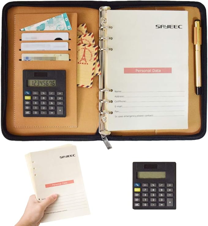 SAYEEC Executive Conference Folder A5 Zipped Portfolio Binder Faux Leather Padfolio Refillable Business Notebook Organizer with Calculator Loose Leaf Paper Gift for Man Women