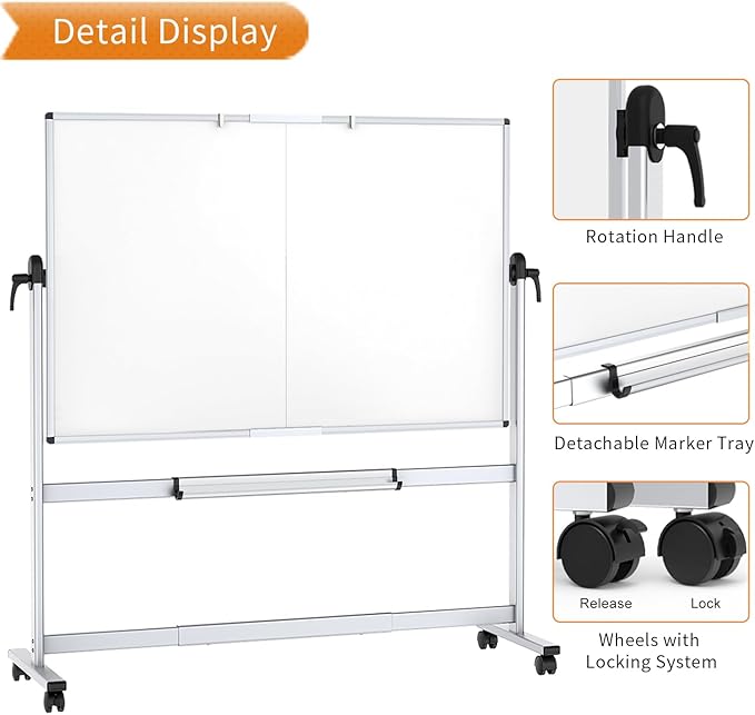 VIZ-PRO Double-Sided Mobile Whiteboard, 60 x 48 Inches, Magnetic Rolling Dry Erase White Board on Wheels with Aluminium Frame and Stand