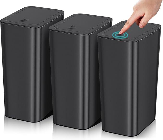SHPMXUPW 3 Pack Bathroom Small Trash Can with Lid,10L / 2.6 Gallon Slim Garbage Bin Wastebasket with Pop-Up Lid for Bedroom, Office, Kitchen, Craft Room, Fits Under Desk/Cabinet/Sink