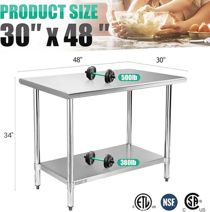 STABLEINK NSF Stainless Steel Table, 30 x 48 Inches Metal Prep & Work Table with Adjustable Undershelf, for Commercial Kitchen, Restaurant, Hotel and Garage