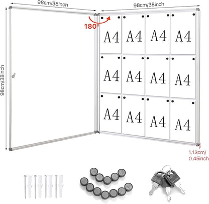 SWANCROWN Locking Bulletin Boards Enclosed Noticeboard White Glass Message Boards Indoor for School Office 38x38 inches (12xA4)