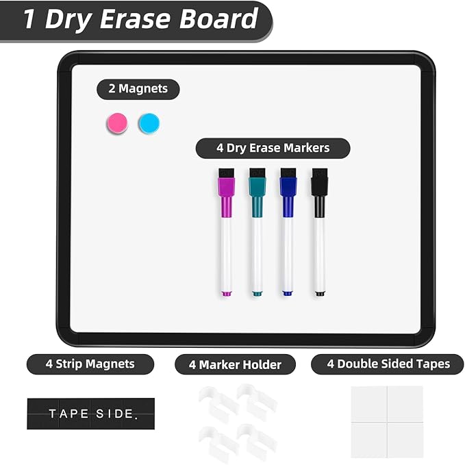 VUSIGN Small White Board Dry Erase, 11''x14'' Magnetic Dry Erase Board, Mini Whiteboard with Markers for Kids, Students, Fridge, Wall, Locker, Black