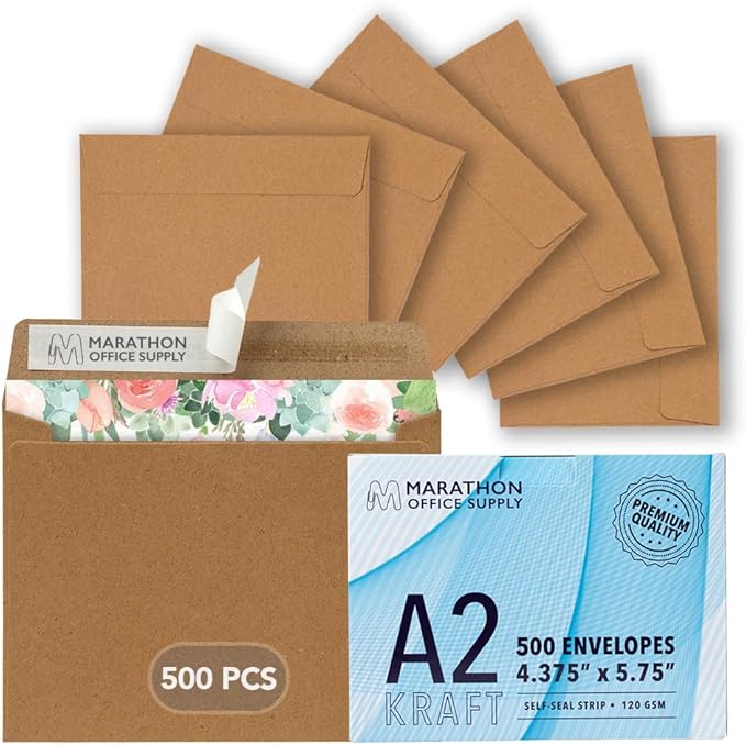 MOS A2 Invitation Envelopes – 4-3/8" X 5-3/4" Kraft Mailing Envelopes Self Seal (500 Count) – 120GSM/ 32LB Bond Heavy Duty – For Greeting Cards, Card Making, RSVP Cards, Wedding Invites
