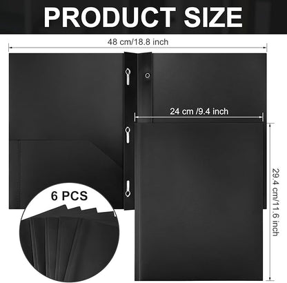 Cholemy 6 Pcs Plastic Pocket Folders with Prong 2 Heavy Duty Pockets Folders with 3 Prongs Letter Size Paper Folders Bulk File Plastic Folders with Fasteners for Office Workers (Black)