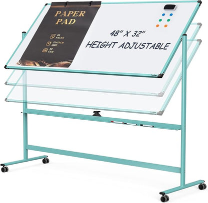 Rolling Whiteboard, 48x32 Inches Dry Erase Board with Stand, Magnetic Mobile Whiteboard on Wheels, Standing White Board for Office, School, Home, Large Double Sided White Board with Paper Pad