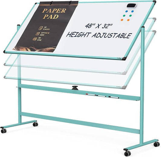 Rolling Whiteboard, 48x32 Inches Dry Erase Board with Stand, Magnetic Mobile Whiteboard on Wheels, Standing White Board for Office, School, Home, Large Double Sided White Board with Paper Pad
