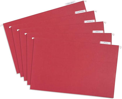 25 Blue Summit Supplies Legal Size Hanging File Folders - Red Hanging File Folders with Plastic Tabs and Inserts, Durable 11pt Paper, 25 Pack