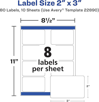 Avery Glossy White Labels with Sure Feed Technology, 2" x 3" Rectangle Labels, Print to The Edge, Laser/Inkjet, 80 Labels (22890)