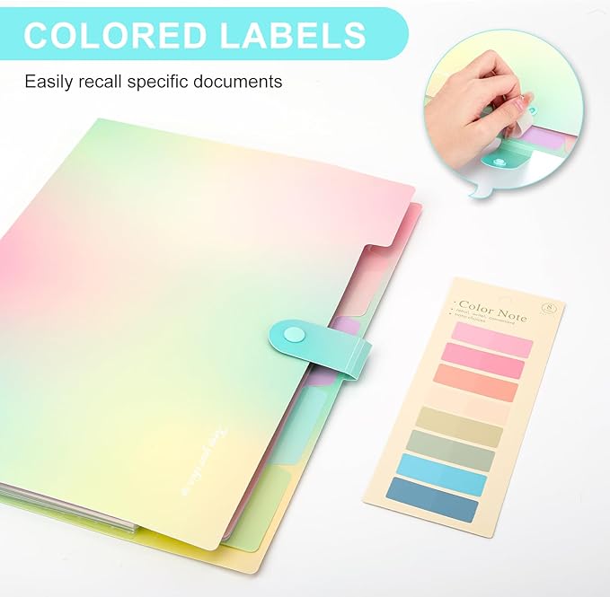 Ddaowanx Expanding File Folder, Letter A4 Size Accordion Plastic File Organizer, 5 Pocket Folders for Documents, Aesthetic Folder with Labels, Paper Organizer for School Office (Aurora Green)