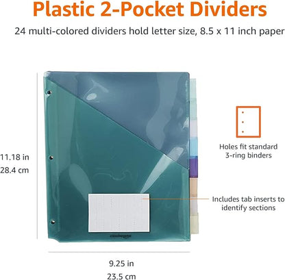 Amazon Basics Tab Dividers for 3 Ring Binder, Two Pocket, Letter Size, Assorted Colors, 24 Count