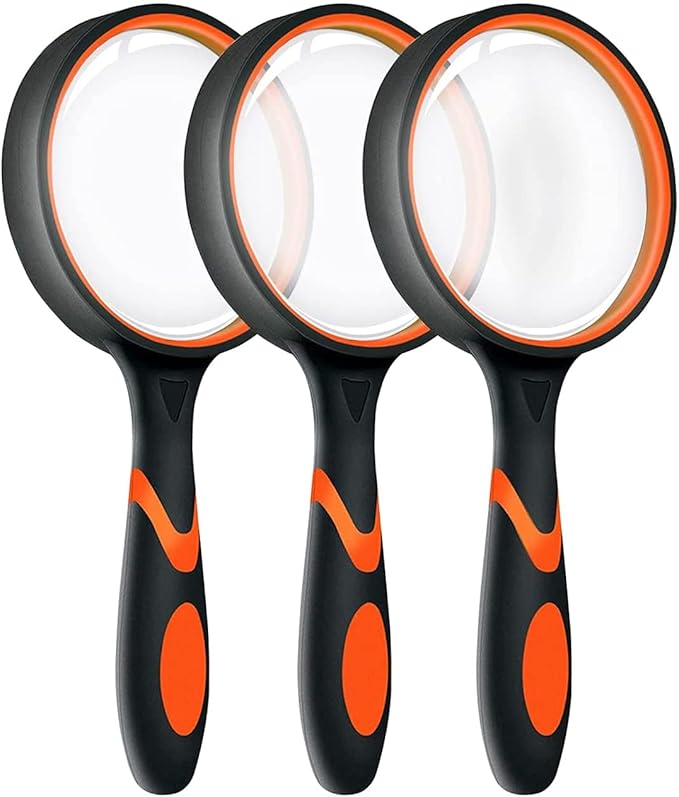 3 Pack Magnifying Glass for Kids, 10X 65mm Magnifying Glass with Non-Slip Rubber Handle, Suitable for Reading Newspapers,Insects,Suitable for Seniors and Kids