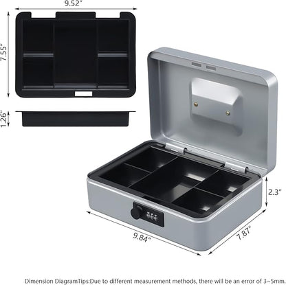 KYODOLED Large Cash Box with Combination Lock,Safe Metal Box for Money, Storage Lock Box with Money Tray,9.84"x 7"x 3.54" Lightgrey Large