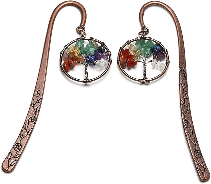 Jovivi Antique Copper Metal Bookmark Beading Bookmarks with Handmade 7 Chakra Tree of Life Tumbled Gemstones